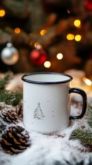 Cozy Christmas Mug Surrounded by Snow and Pine Cones