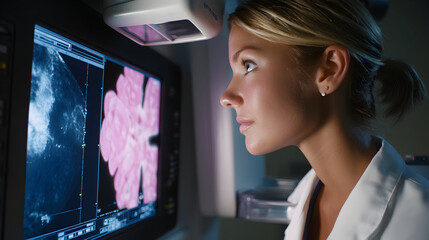 Medical Professional Analyzing Breast Imaging Results on a Monitor in a Clinical Setting