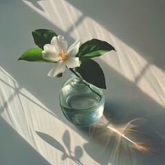 Single white flower in glass vase, sunlit windowsill, peaceful home decor