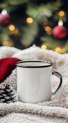 Cozy Winter Mug on Soft Blanket with Pinecones and Holiday Background