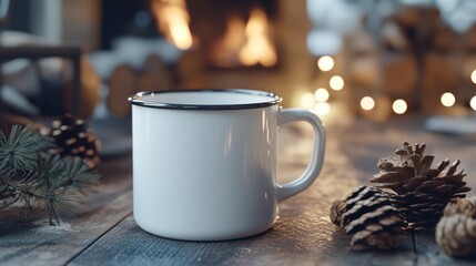 Cozy Mug on Wooden Table with Fireplace and Pine Cones Background