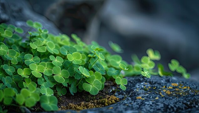 Fototapeta Lush clover patch thrives on rocks, serene nature background. Ideal for spring, nature, and luck themes
