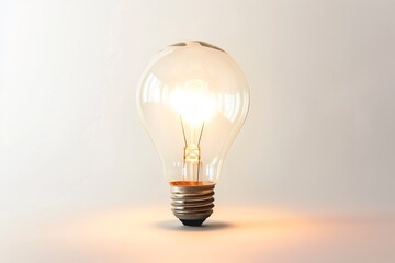 Single glowing incandescent light bulb, isolated on clean white background, minimal concept of creativity and ideas.