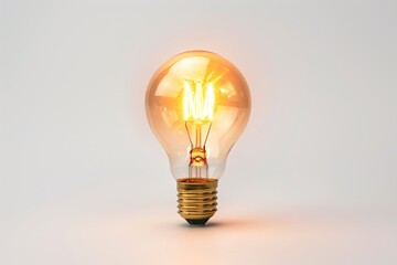 Single glowing incandescent light bulb, isolated on clean white background, minimal concept of creativity and ideas.