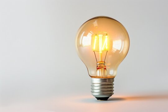 Single glowing incandescent light bulb, isolated on clean white background, minimal concept of creativity and ideas.
