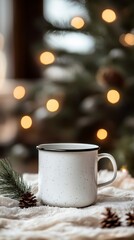Cozy Mug on Table with Pinecones and Christmas Tree Lights