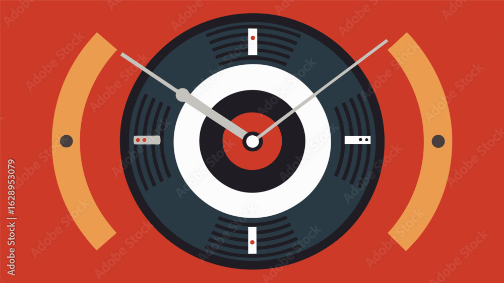 Poster a clock with a vinyl record face each hour marker marked by a different record label. vector illustr
