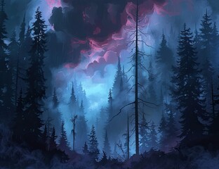 Dark, stormy clouds over a misty evergreen forest at night; digital art