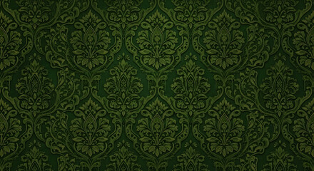 Dark green damask pattern with intricate floral and scroll designs creates a rich, textured background.