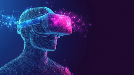 Virtual Reality Headset User, Digital Metaverse, Neon Background, Tech Innovation