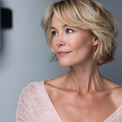 Portrait of a Middle-Aged Woman with Short Blonde Hair Looking Thoughtfully in Soft Pink Sweater