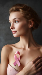 Portrait of a Young Woman with Pink Ribbon Symbolizing Breast Cancer Awareness Against Dark Background