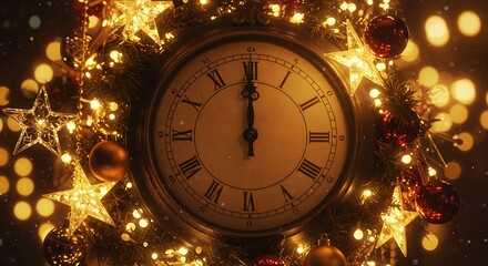 Festive Clock Face at Midnight: A radiant clock face surrounded by festive ornaments and twinkling lights, marking the stroke of midnight.