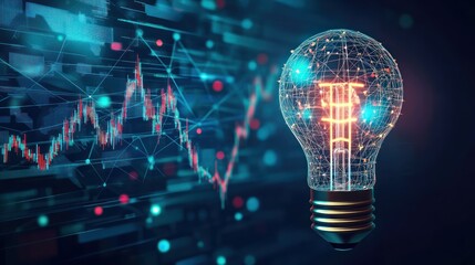 Financial Innovation Glowing lightbulb with currency symbol against stock market chart