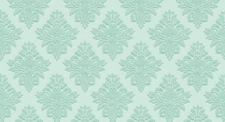 Fototapeta premium Elegant mint green damask pattern with embossed symmetrical floral motifs and a basrelief texture.