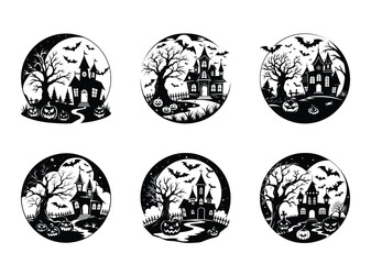 Obraz premium Silhouette Halloween scenes featuring spooky houses trees bats pumpkins full moon vector designs