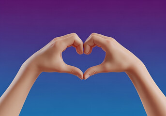 Fototapeta premium Hands forming a heart shape on a vibrant purple to blue gradient background 