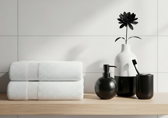 Elegant bathroom arrangement showcasing a minimalist aesthetic with monochrome accessories
