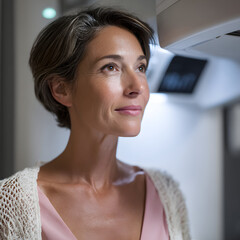 Woman Undergoing Medical Examination in a Clinical Setting with a Calm and Focused Expression