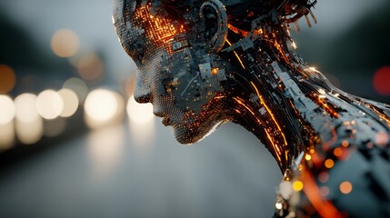 Futuristic digital human head with glowing data points and binary code, dark blue background, orange neon lights, AI technology integration