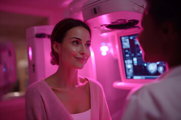 Young Woman Engaging with Healthcare Professional in Modern Medical Setting Illuminated by Pink Lights