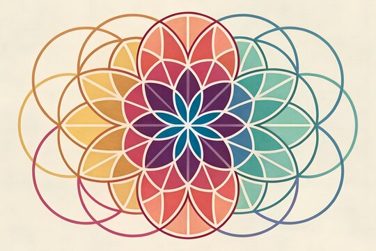 Vibrant geometric mandala pattern with rainbow gradient and sacred geometry design