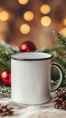 Rustic White Mug with Christmas Ornaments and Pine Cones in Background