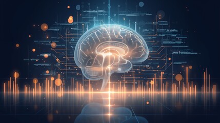 Futuristic digital human head with glowing data points and binary code, dark blue background, orange neon lights, AI technology integration