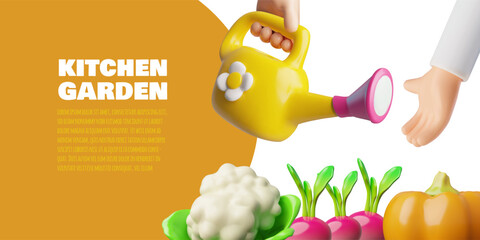 3D banner, hands holding watering can, with orange frame for text, pumpkin, radish, cauliflower.