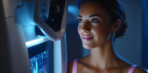 Young Woman Smiling During Mammogram Screening in Modern Medical Environment with Blue Lighting
