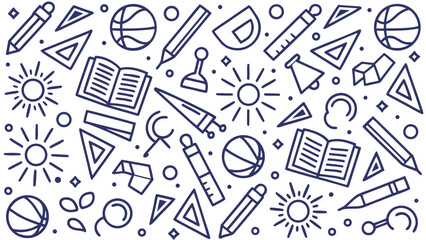 Cheerful Back to School Doodle Pattern:  Books, Pencils, Geometry, and Sports Equipment in Navy Blue Line Art.
