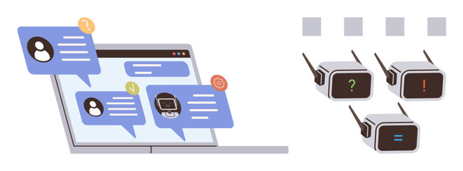Laptop with message bubbles displaying user chats, AI-powered devices with question, warning, and info icons. Ideal for digital communication, AI tools, online support, networking, teamwork customer