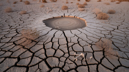 Aerial view of cracked earth with a circular depression and animal bones present on transparent background