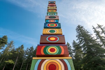 Tall colorful totem pole with geometric patterns against a blue sky
