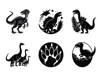 Silhouette of Dinosaurs and related elements footprint, hatching egg, and celestial symbols