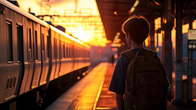 ノスタルジックな夕暮れの駅のホームに立つアジア人の少年の後ろ姿