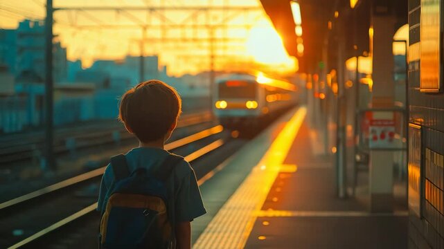 ノスタルジックな夕暮れの駅のホームに立つアジア人の男の子の後ろ姿