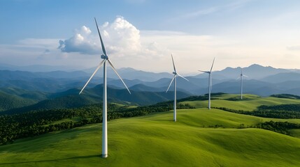 Multiple large wind turbines stand tall on vibrant green rolling hills under a blue sky with distant mountains