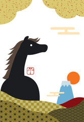 2026年午年の午と富士山と和柄の年賀状/縦06・文字なし