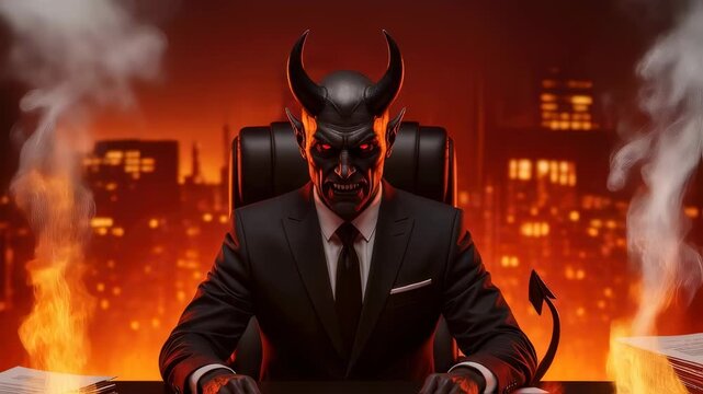 Demonic figure in suit with horns and tail sitting at desk surrounded by flames in dark cityscape background