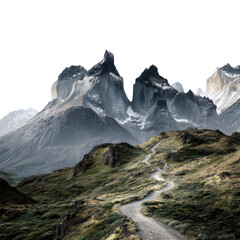 Snowy peaks and winding path through rugged terrain