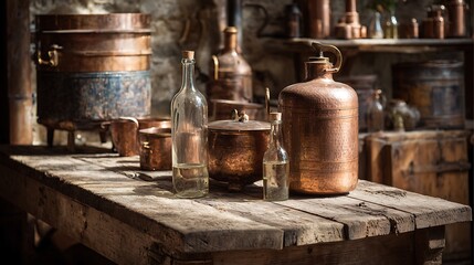 Antique Copperware and Glass Bottles on Rustic Wooden Table