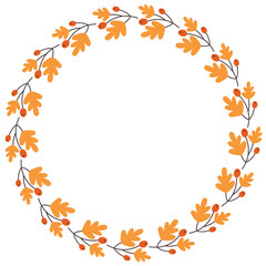 Autumn wreath with orange leaves and berries in flat hand-drawn style