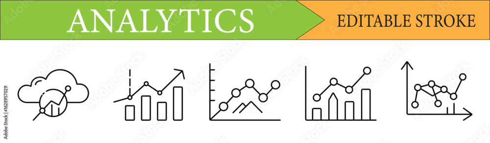 Poster data analytics and statistics graph line icon set