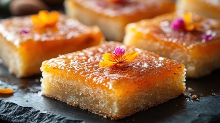 Delicate squares of glazed semolina cake garnished with petite floral accents