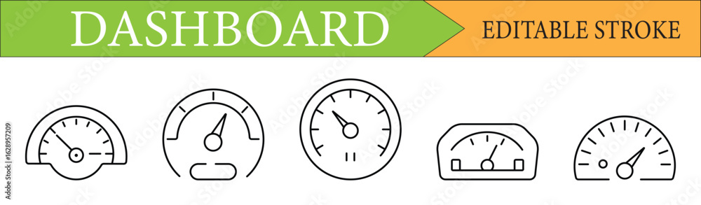 Poster dashboard gauge and speedometer line icon set with editable stroke