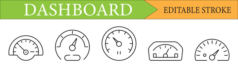 Dashboard Gauge and Speedometer Line Icon Set with Editable Stroke