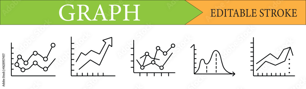 Poster line graph data chart icon set with editable stroke