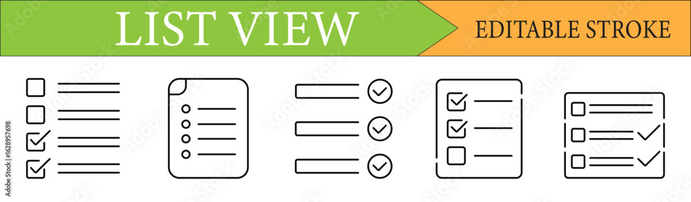 Poster list view and checklist line icons set with editable stroke