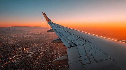 Obraz premium Airplane Wing View at Sunset Above City, Flying at Dusk